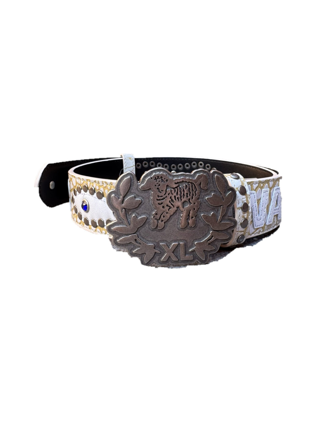 Humans at war cream crocodile studded belt