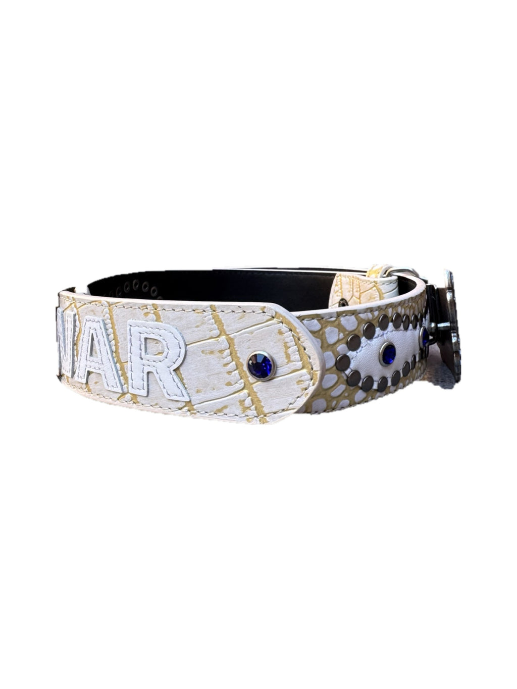 Humans at war cream crocodile studded belt