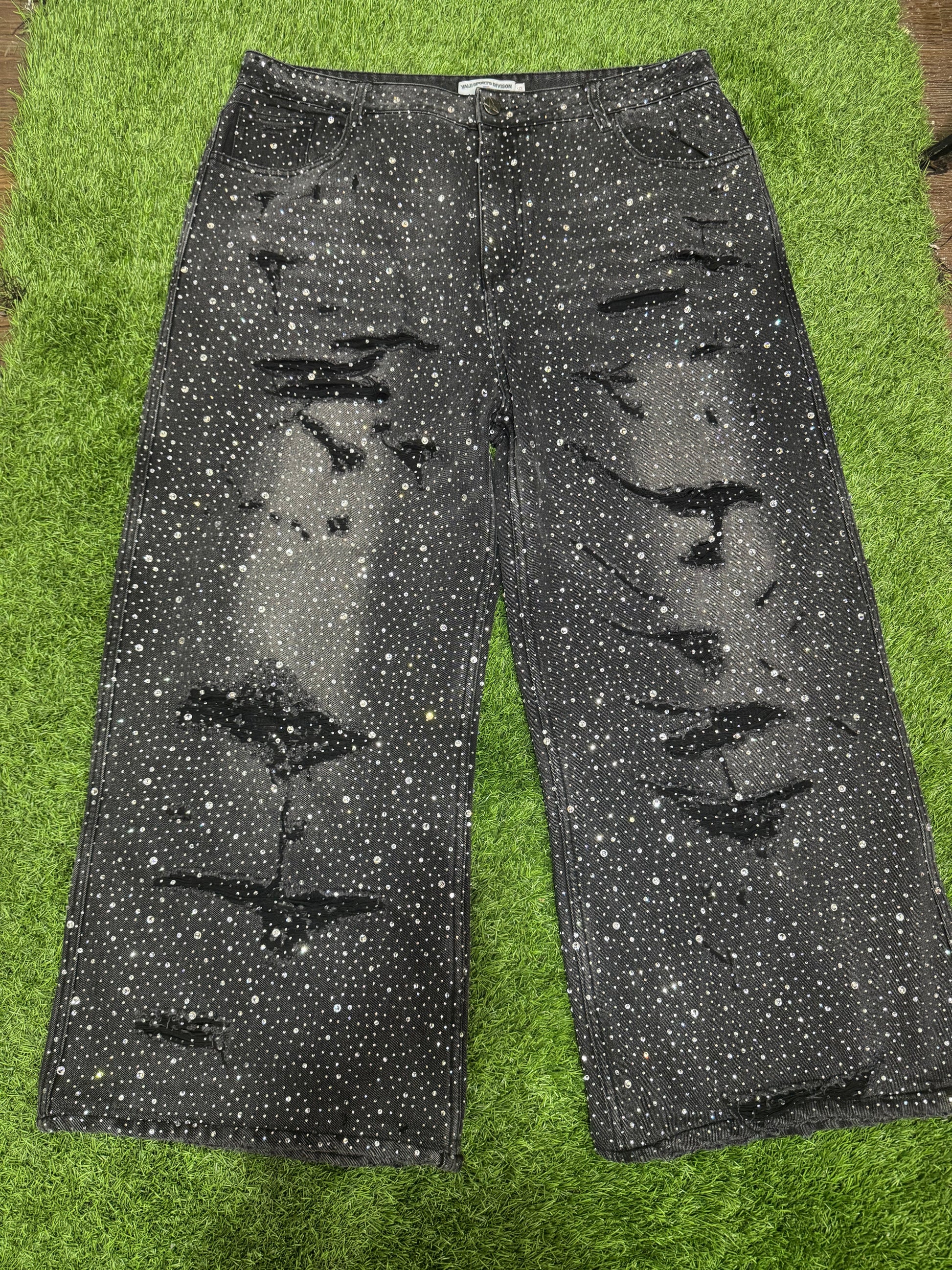 Valley dreams all over rhinestone distressed baggy denim