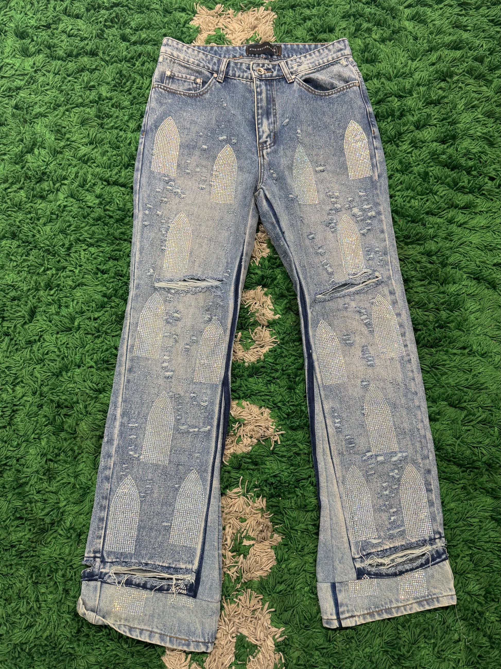 Who decides war rhinestone washed sky denim