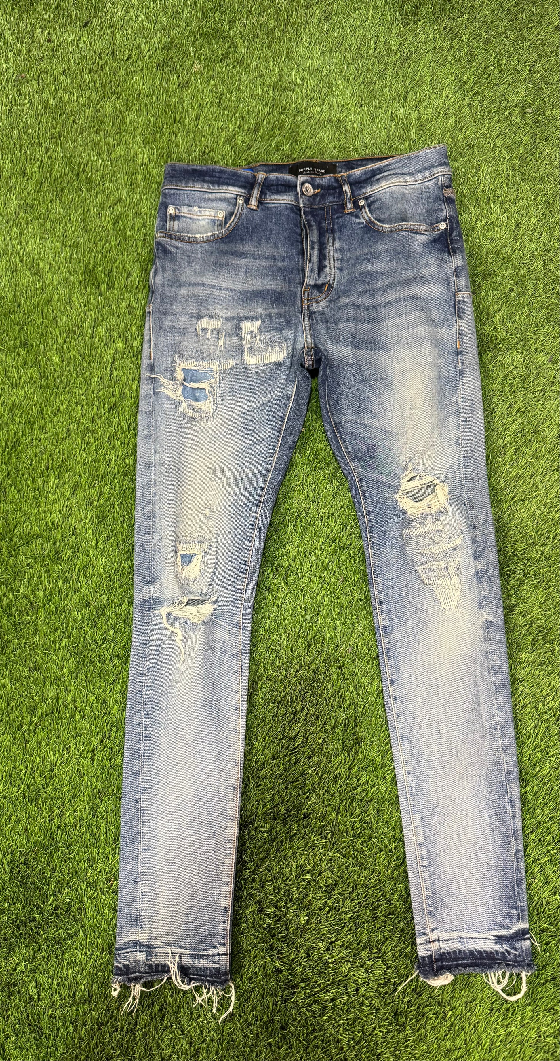 purple light blue wash skinny denim