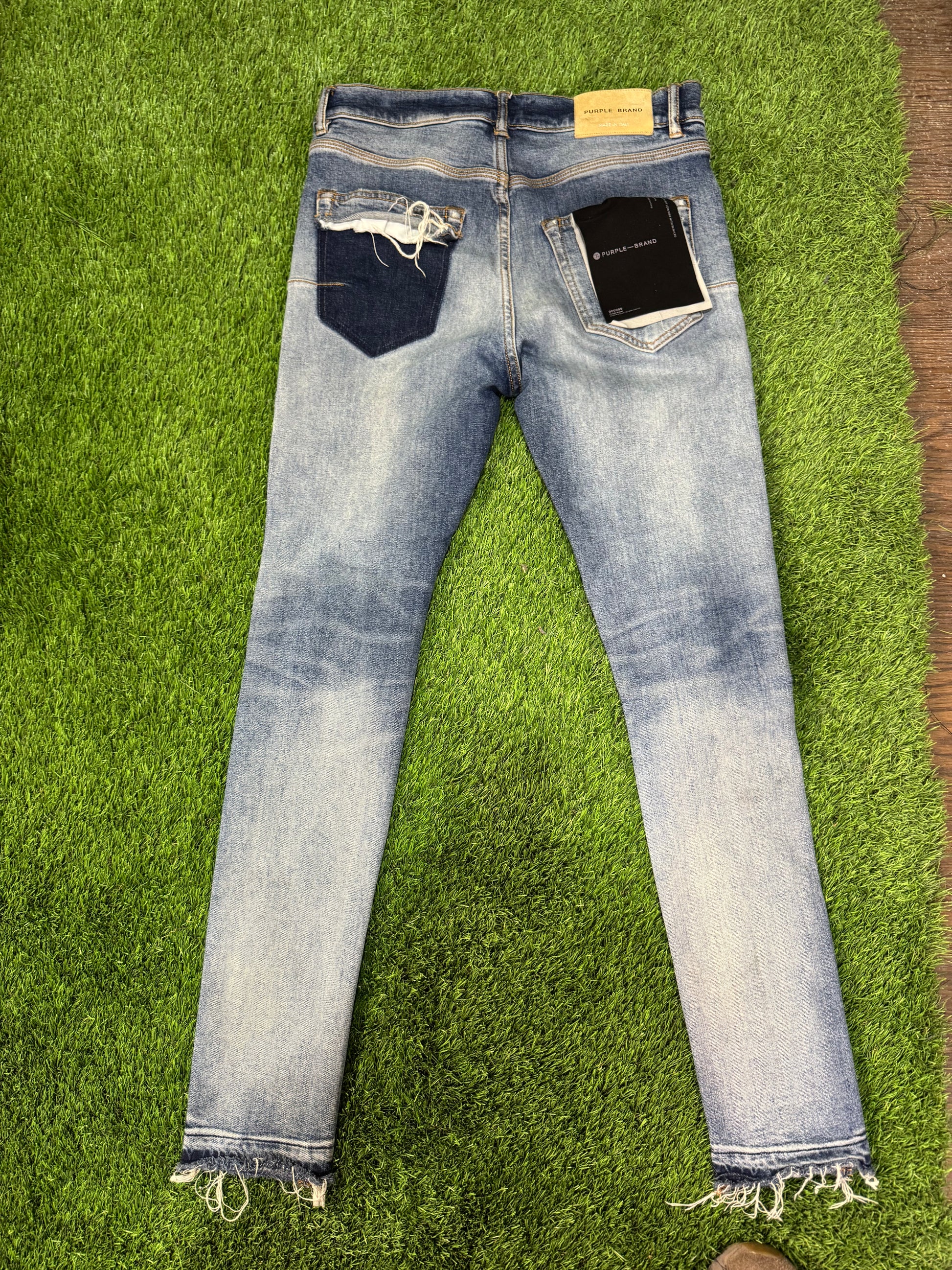 purple light blue wash skinny denim