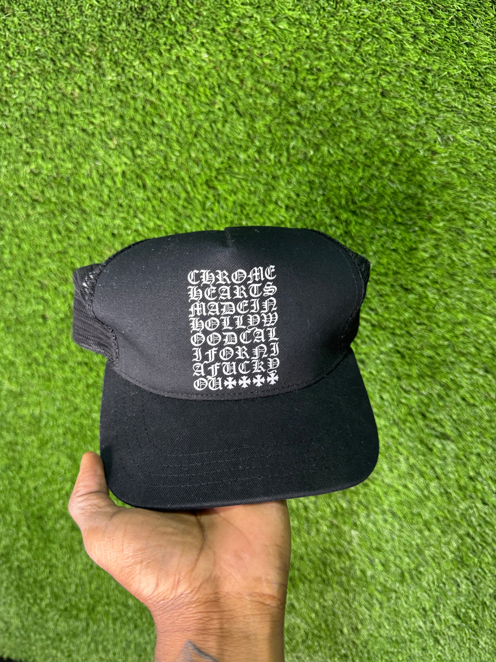Chrome hearts black eyechart trucker hat