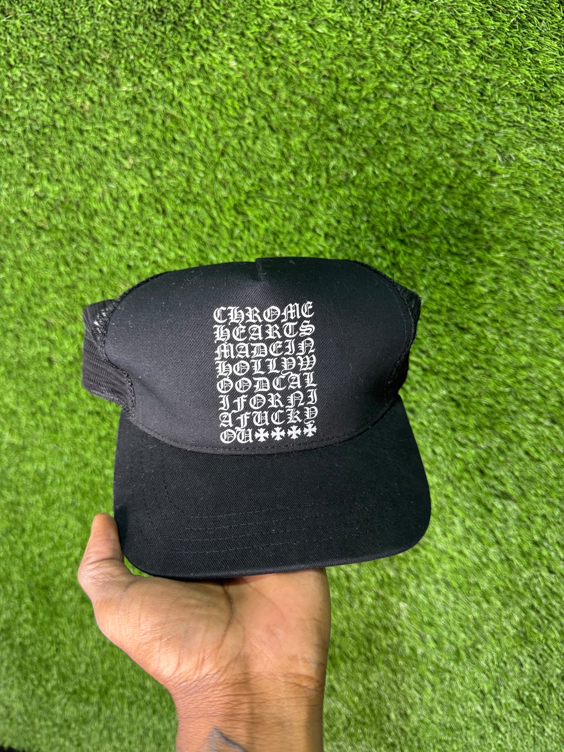 Chrome hearts black eyechart trucker hat